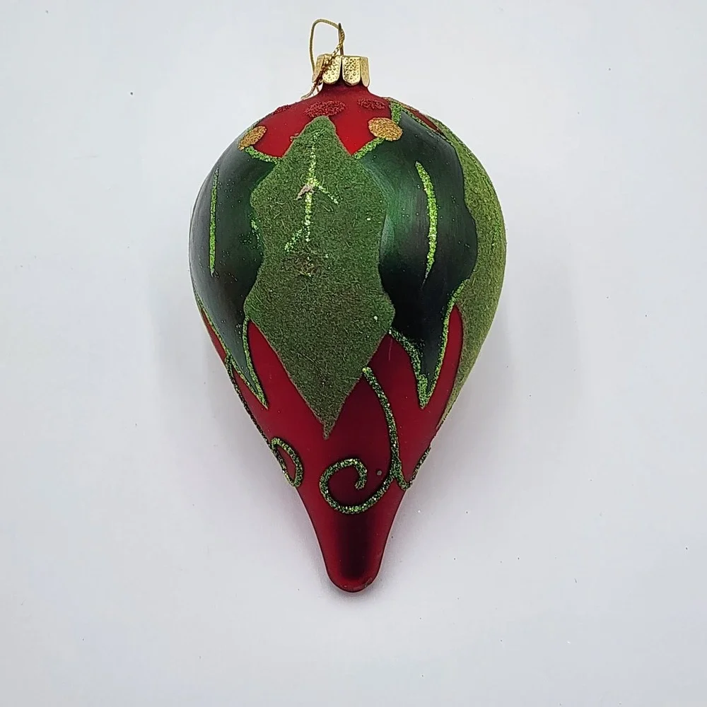 Vintage Hand Painted Teardrop Glass Ornament Red Textured with Holly Leaves Cute